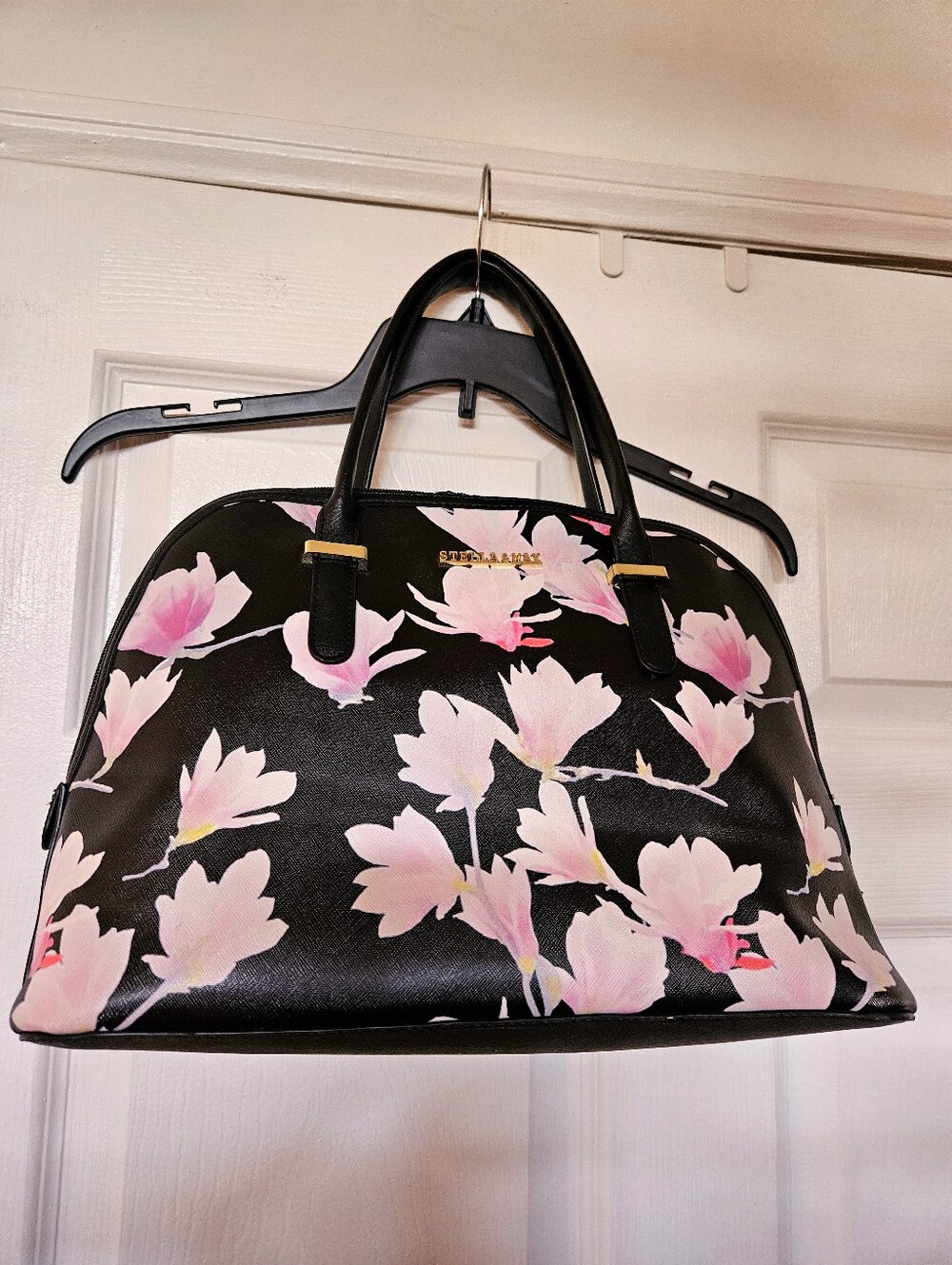 Furla Style Saffiano Faux Leather Black White Pink Floral Satchel Purse Bag